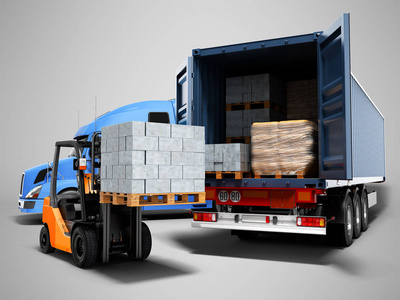 现代概念的装卸货物从卡车上的拖车与建筑材料和橙色叉车与托盘隔离3d 渲染灰色背景阴影